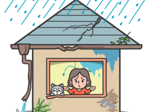 屋根や雨どいが壊れている為、雨の日は家の中に雨水が侵食する。
