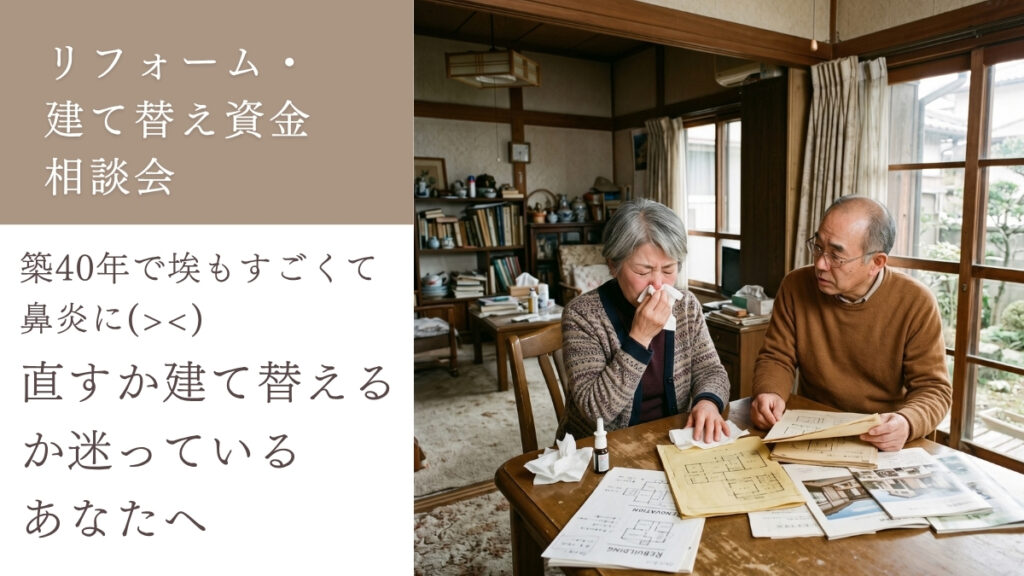 リフォーム・建て替え資金相談会「築40年で埃もすごくて鼻炎に( ;∀;)直すか建て替えるか迷っているあなたへ